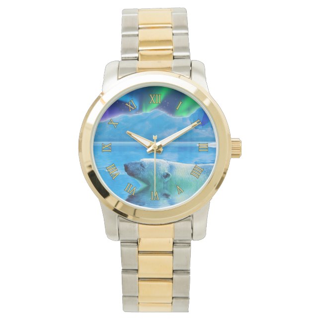 Schwimmpolarbär und Nordlichterdtag Armbanduhr (Vorderseite)