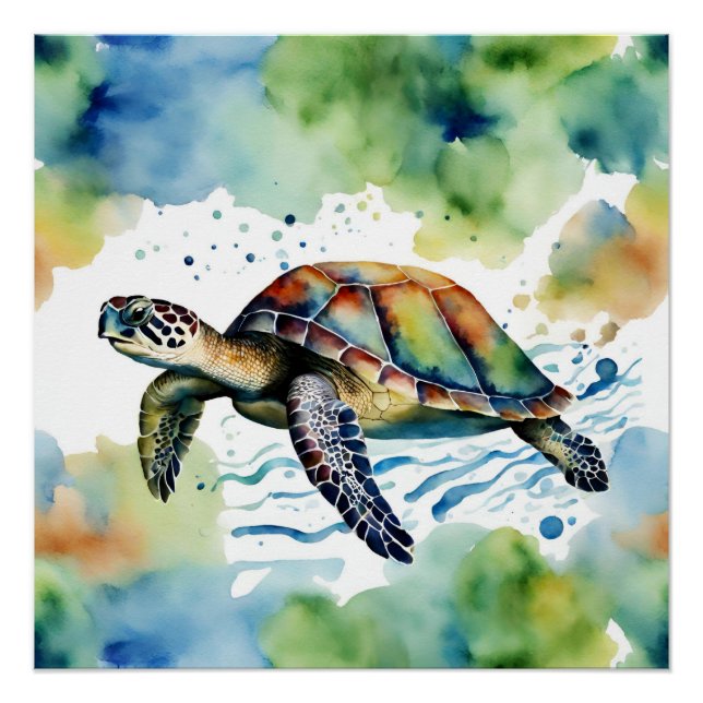 Schwimmsee Schildkröte Abstrakt Wasserfarbe Poster (Vorderseite)