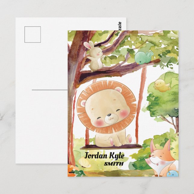 Schwingen Löwe, Fox, Sonne und Vögel Weiße Natur Postkarte (Vorne/Hinten)