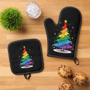 Schwule LGBT Pride Regenbogen-Weihnachtsbaum Frohe Ofenhandschuh & Topflappen-Set