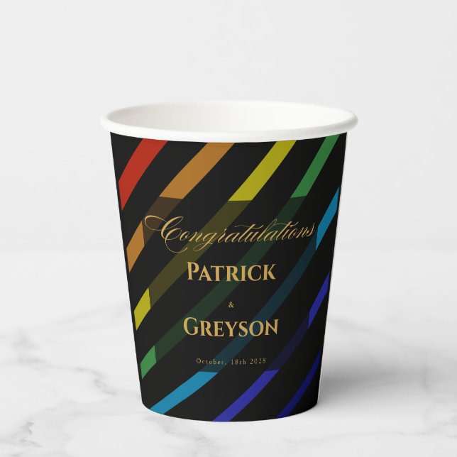 Schwule Männer Hochzeit Elegante Regenbogen-Papier Pappbecher (Rückseite)