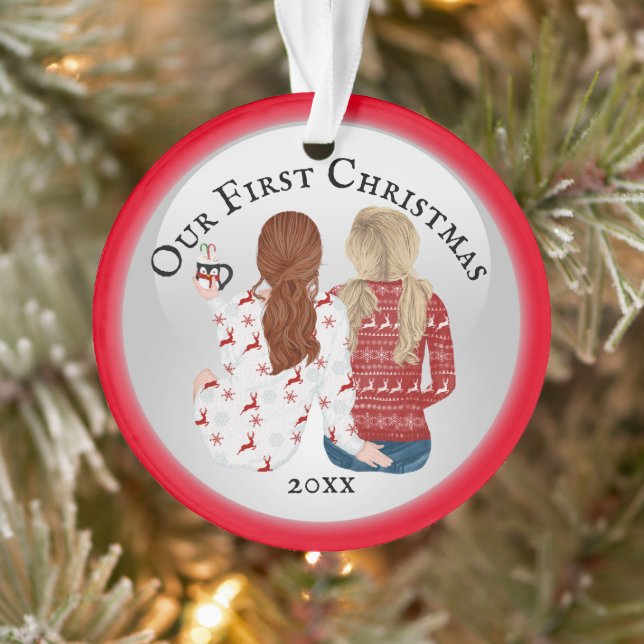 Schwulenpaar erste Weihnachts-FOTO romantisch rot Ornament (Baum)