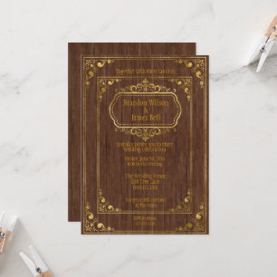 Schwules Paar Brown Barnwood und Gold Rahmen Hochz Einladung