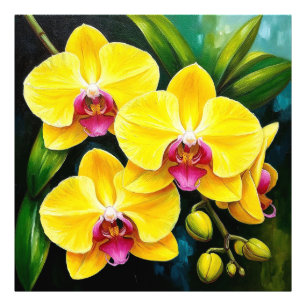 Schwungvolle gelbe Orchideen mit rosa Zentren Fotodruck