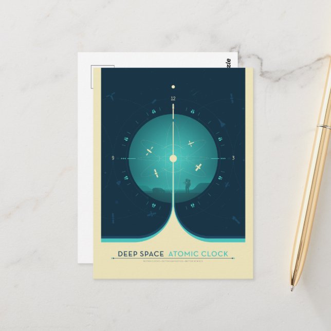 Sci-Fi-Anzeige, blaue Atomuhr, tiefer Raum Postkarte (Vorderseite/Rückseite Beispiel)