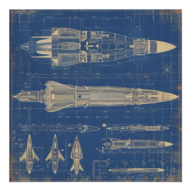 Sci-Fi Blueprint Rocket Fotodruck (Vorne)