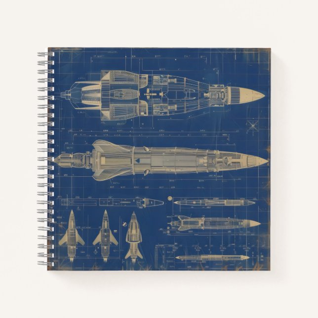 Sci-Fi Blueprint Rocket Notizbuch (Vorderseite)