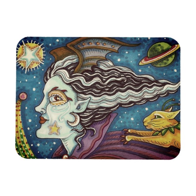 SCI FI SPACE WITCH & COMET CAT HUMOROUS HALLOWEW MAGNET (Horizontal)