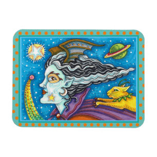 SCI FI WELTRAUMHEXE & KOMETKATZE BUNTES HALLOWEEN MAGNET