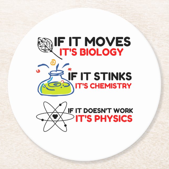 Science BIOLOGY CHEMISTRY PHYSICS Runder Pappuntersetzer (Vorderseite)