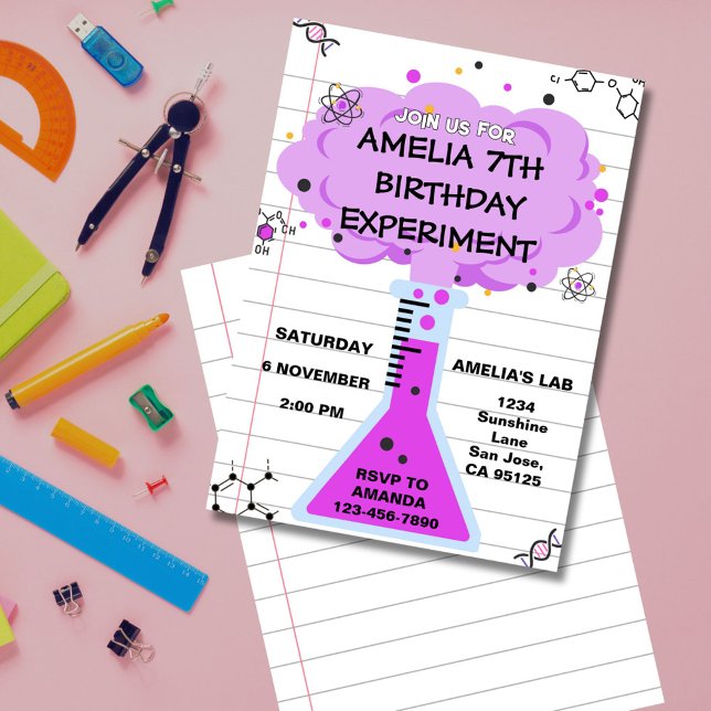 Science Experiment Birthday Invitation Einladung (Fun science lab birthday invitation with colorful test tube and beakers for little scientists.)