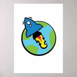 Science Fiction Cartoon Rakete und Planet Poster