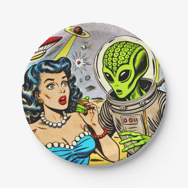Science Fiction-Comicen für Retro-Alien Pappteller (Vorderseite)