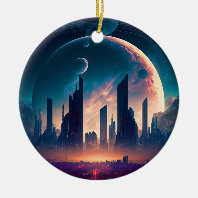 Science Fiction Cyberpunk Space City Keramik Ornament (Vorne)