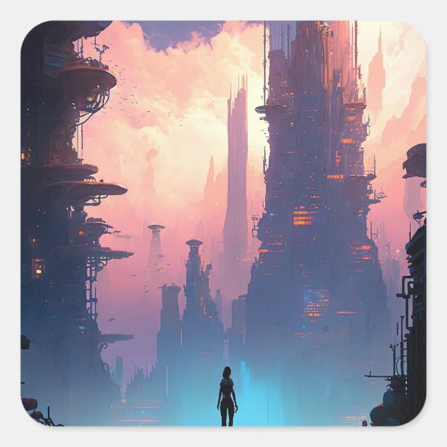Science Fiction Futuristic City Quadratischer Aufkleber (Vorderseite)