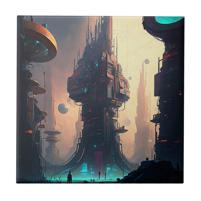 Science Fiction Futuristische Stadt Keramik Tile Fliese (Vorderseite)
