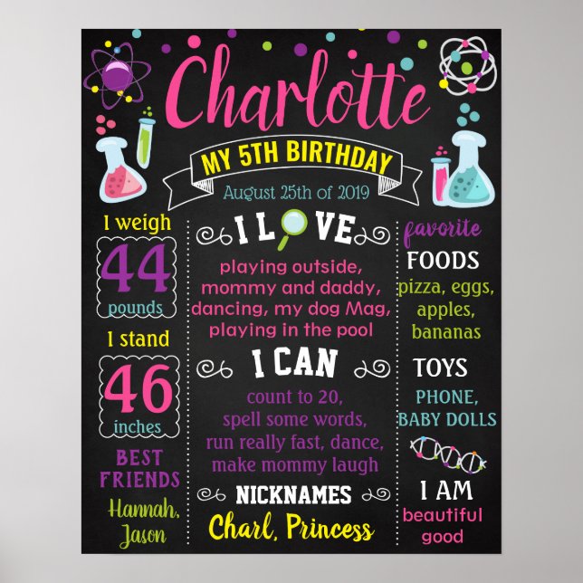 Science Mad Scientist Girl Birthday Chalkboard Poster (Vorne)