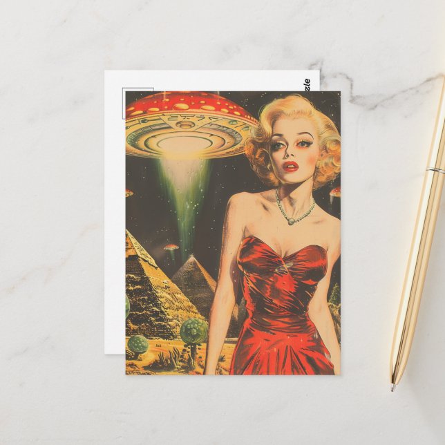 Scifi Fantasy Außerirdischen Blond Woman in Red Dr Postkarte (Vorderseite/Rückseite Beispiel)
