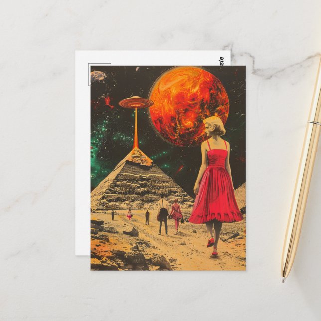 Scifi Fantasy Außerirdischen und Frauen im Roten K Postkarte (Vorderseite/Rückseite Beispiel)