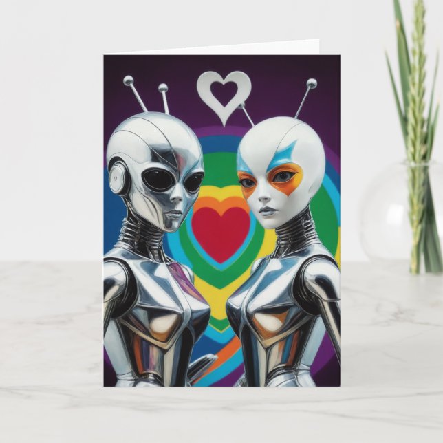 SciFi weibliche Roboter in Liebe Rainbow Heart Karte (Vorderseite)