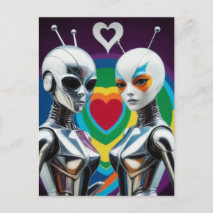 SciFi weibliche Roboter in Liebe Rainbow Heart Postkarte