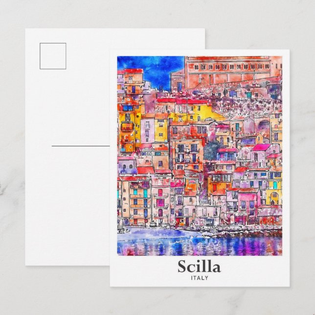 Scilla Italy Travel Watercolor Hand Drawing Postkarte (Vorne/Hinten)