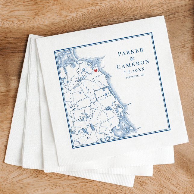 Scituate Massachusetts Karte Elegante Hochzeit Serviette (These Scituate Massachusetts map napkins are perfect for a South Shore destination wedding)