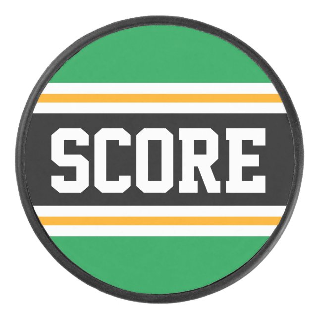 SCORE Black Green Yellow Hockey Strips Eishockey Puck (Vorderseite)