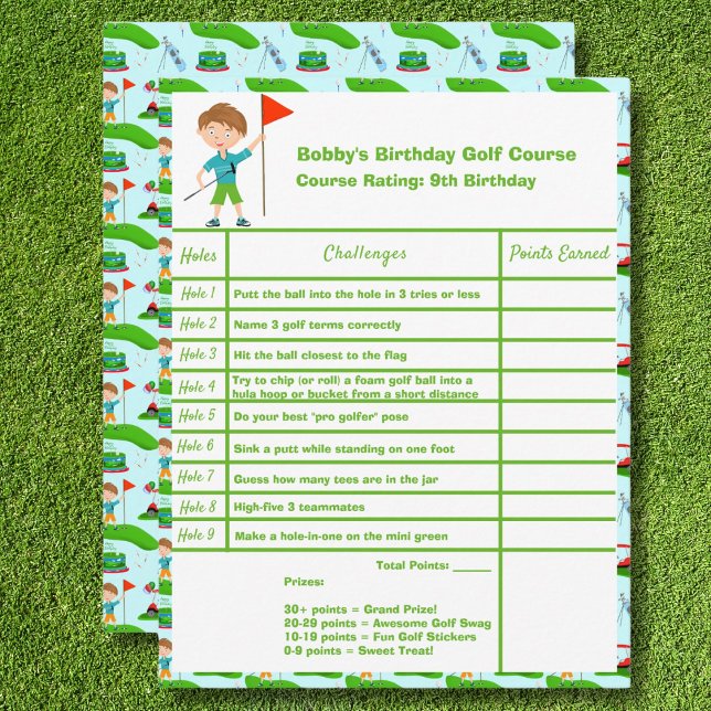 Score-Karte des coolen Jungen zum Golfspielen Mitteilungskarte (Von Creator hochgeladen)