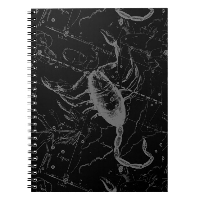 Scorpio Constellation Hevelius 1690 auf Schwarz Notizblock (Vorderseite)