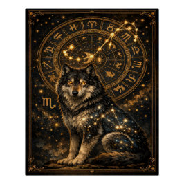 Scorpio Wolf Zodiac Wheel Constellation Celestial Poster
