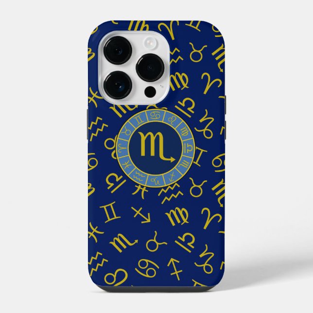 Scorpio Zodiac+Astrologie Symbole Muster Gld+Blues iPhone 14 Pro Hülle (Rückseite)