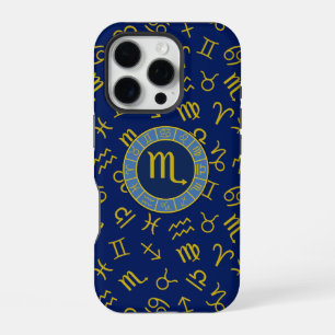 Scorpio Zodiac+Astrologie Symbole Muster Gld+Blues iPhone 16 Pro Hülle