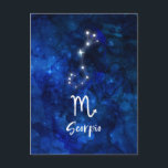 Scorpio Zodiac Constellation Blue Galaxy Celestial Postkarte<br><div class="desc">Scorpio Zodiac Constellation Blue Galaxy Design mit trendigem Pinsel-Script-Schriftart, dunkelblau himmlischer Aquarellhintergrund, leuchtende Sternkonstellation und Scorpion-Symbol. Modernes Astrologisches Geburtszeichen Horoskop, ist perfekt für jeden Skorpion Geburtstag vom 23. Oktober - 21. November ! Ein tolles Geschenk für Junge und Mädchen, Familienmitglieder, Teens, Ehefrau, Ehemann, Freunde und Astrologie Lover. Cosmic Space Night...</div>