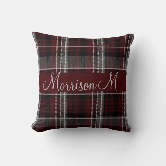 Scotland Tartan Burgundy Gray Kariert Monogram Kissen (Vorderseite)