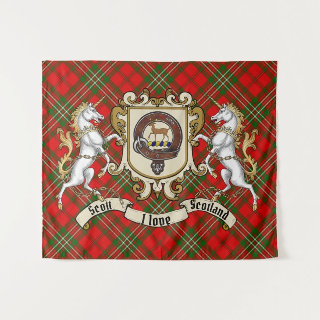 Scott Clan Abzeichen & Unicorns w/Tartan Wandteppich (Vorderseite (Horizontal))