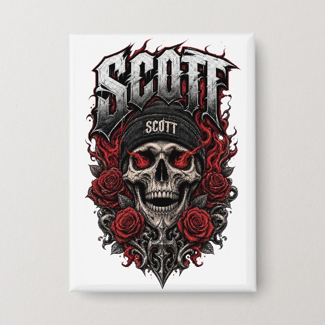 Scott Gothic Schädel personalisierter Namensentwur Button (Vorderseite)