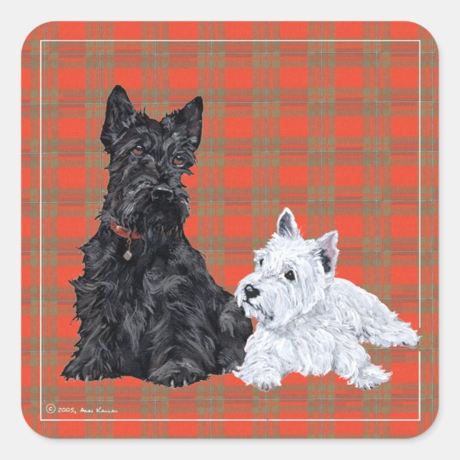 Scottie Adult & Westie Puppy Quadratischer Aufkleber (Vorderseite)