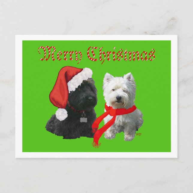 Scottie and Westie Merry Christmas Feiertagspostkarte (Vorderseite)