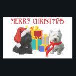 Scottie and Westie Merry Christmas Rechteckiger Aufkleber<br><div class="desc">Das war die Nacht vor Weihnachten. . . nun, wir wissen, wer die Geschenke bewacht! Und sie sind auch sehr aufgeregt, auf den Weihnachtsmann zu warten, bleibe. Die Scottie und Westie sind ein großer Teil unserer Weihnachtsfeier, wie wäre es mit Ihnen? Kleidung, Neuheit und Geschenkartikel, die mit diesem Design geschmückt...</div>