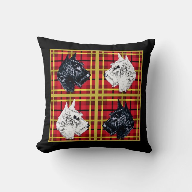 Scottie dog black and white golden kariert Scottis Kissen (Vorderseite)