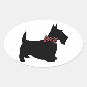 Scottie Dog in Karierter Bow-Krawatte Ovaler Aufkleber