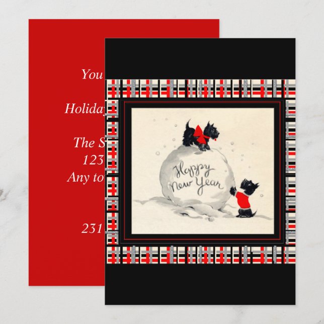 Scottie Dog New Years Invitation flat card (Devant / Derrière)