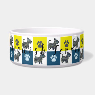 Scottie Dog & Paw Silhouette Y&B Grid Dog Bowl Napf