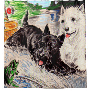 Scottie dogs Blackie und Whitie fishing Duschvorhang