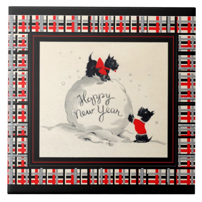 Scottie dogs Hund Happy New Year Fliese (Vorderseite)