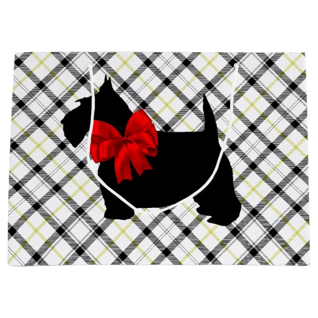Scottie-Hund und roter Bogen auf kariertem Große Geschenktüte (Vorderseite)