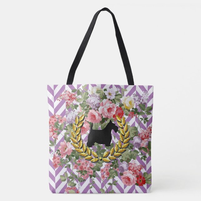 Scottie mit Blumen Ihr Farbfischgrätenmuster Tasche (Vorderseite)