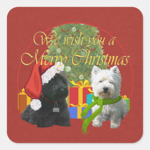 Scottie und Westie Frohe Weihnachten Quadratischer Aufkleber