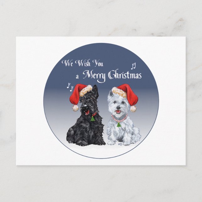 Scottie & Westie Christmas Carols Feiertagspostkarte (Vorderseite)